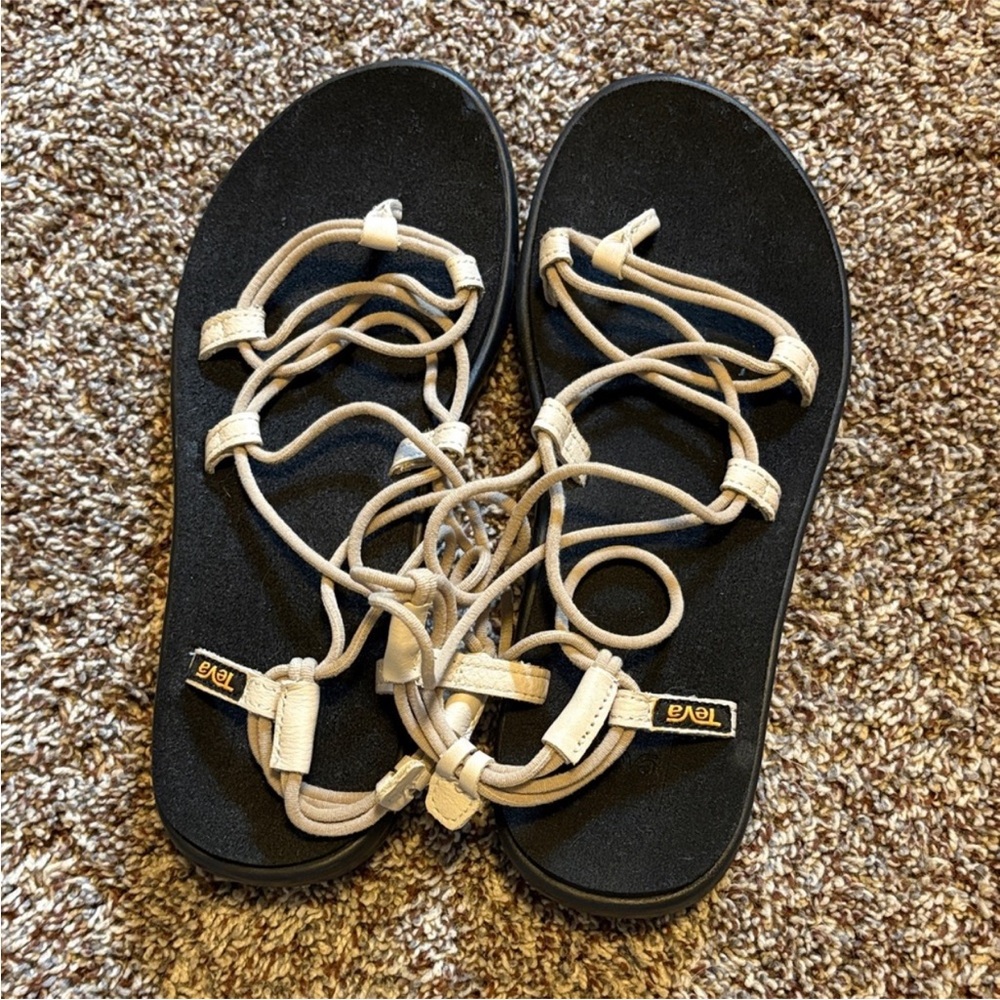 Teva Beige Lace-Up Strappy Sandals with Black Footbed